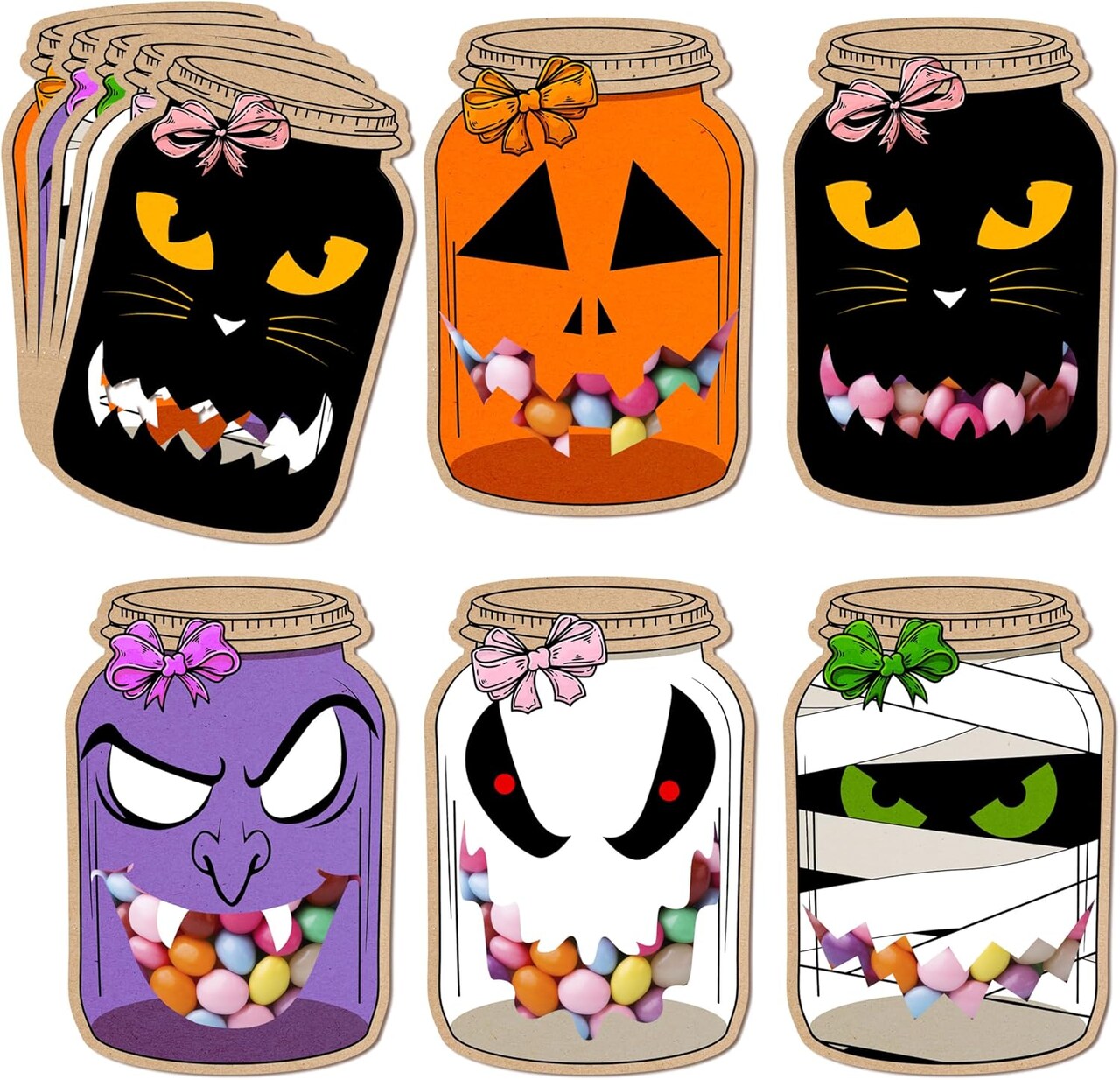 Halloween Cards-50 Pack Mason Jars Shape with Candy Bags for Party Favors